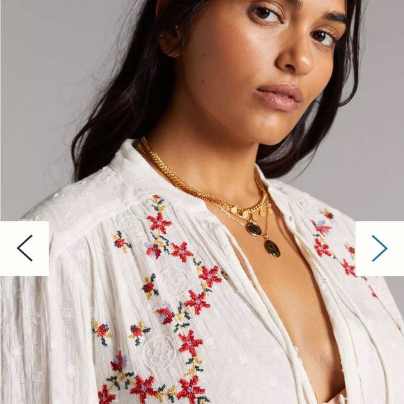 Anthropologie Embroidered Tunic Shirt Cotton Tunic White Button Front Women Xs - Picture 3 of 11